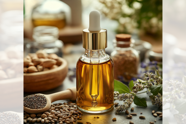Naturalny olej kosmetyczny w szklanej butelce z kroplomierzem, otoczony surowcami roślinnymi