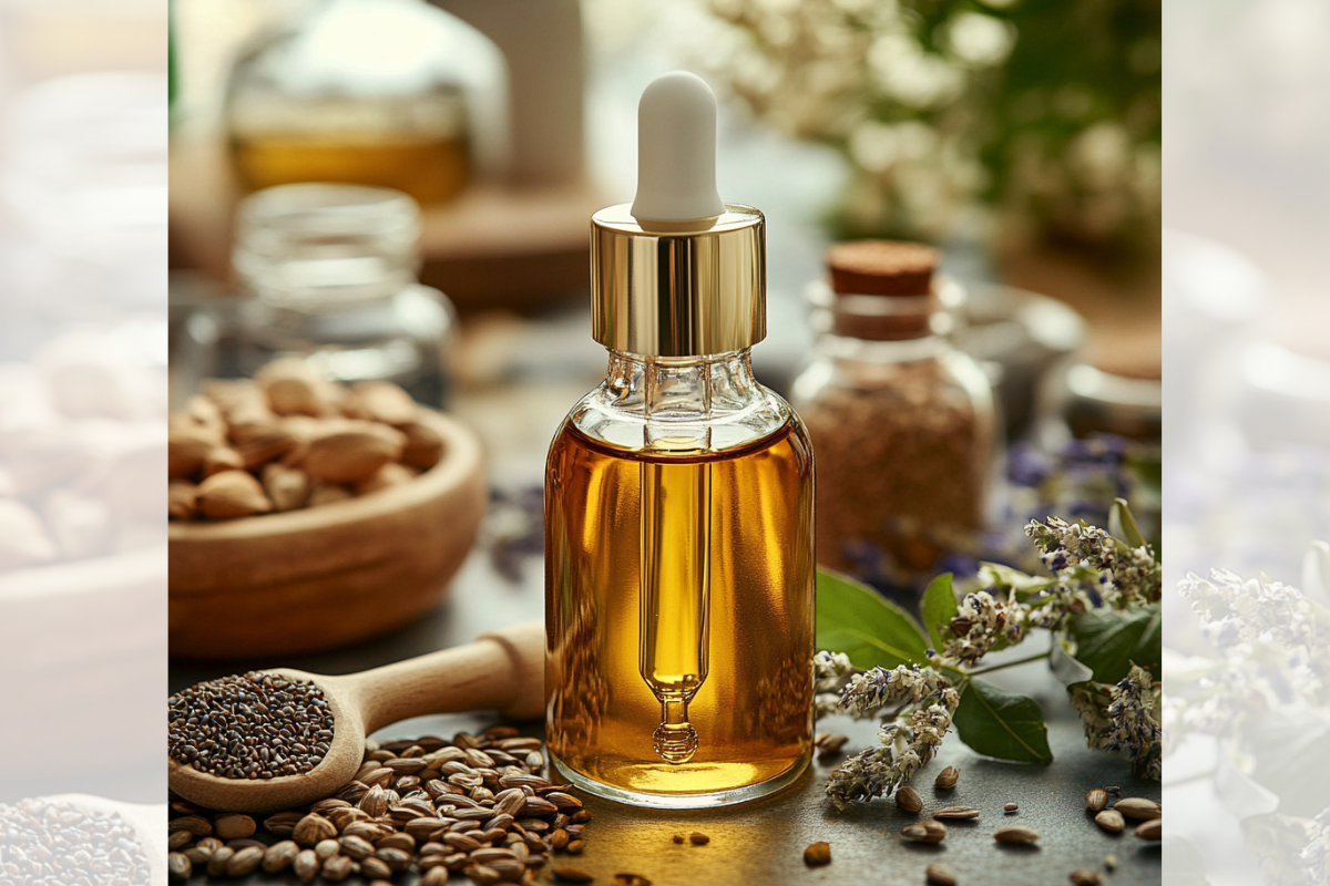 Naturalny olej kosmetyczny w szklanej butelce z kroplomierzem, otoczony surowcami roślinnymi