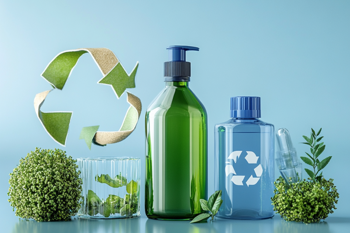 Ekologiczne opakowania kosmetyczne z materiałów nadających się do recyklingu, w tym zielona butelka z pompką i niebieska butelka z symbolem recyklingu. Obok znajdują się elementy dekoracyjne, takie jak zielone liście i szklanka z roślinami.