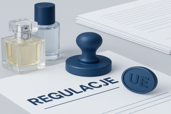 Flakony perfum obok dokumentów z pieczątką UE – symboliczna ilustracja unijnych regulacji wpływających na branżę kosmetyczną.